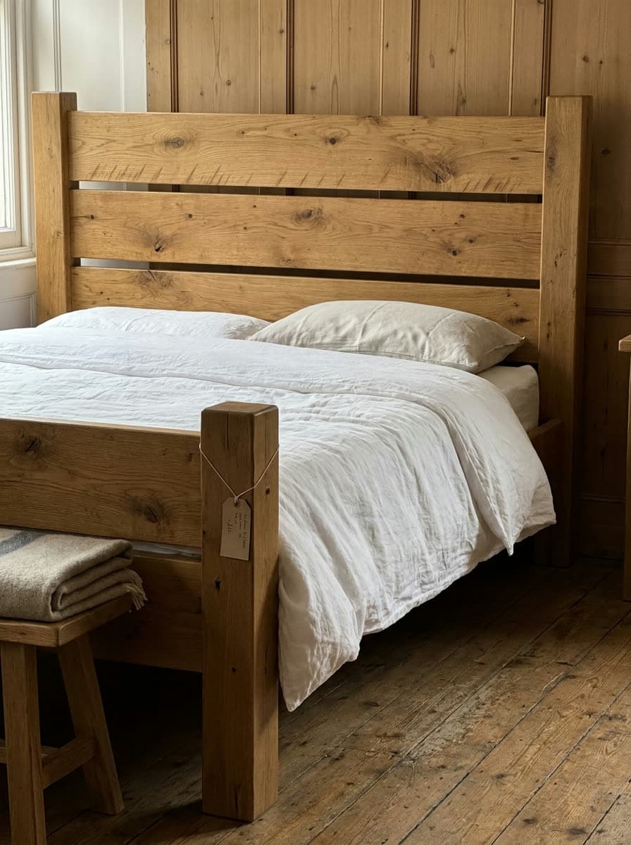 Example image: oak double bed with a tall headboard of wide planks, made up with white linen, wardrobes behind it