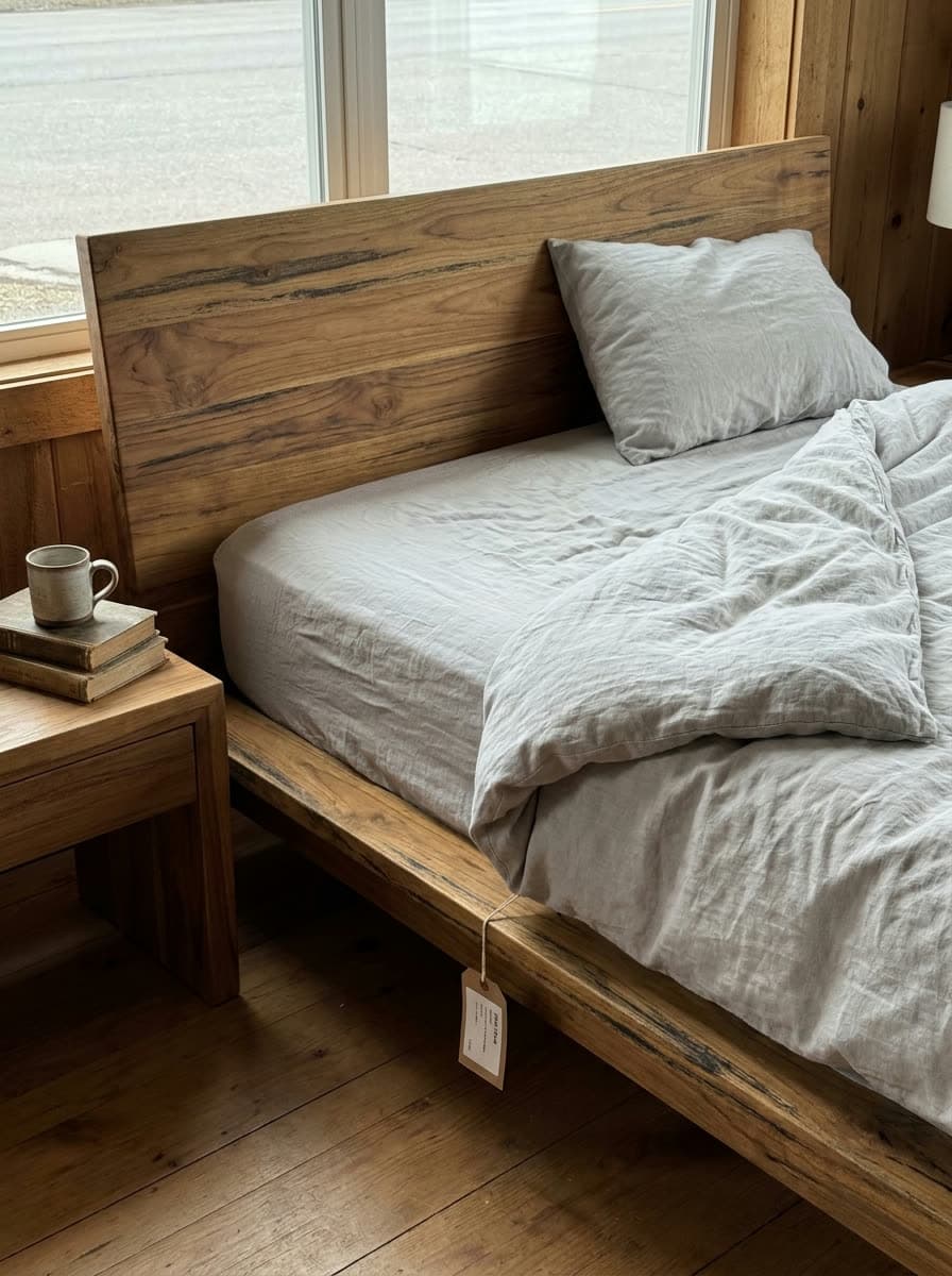 Example image: low teak bed with a slatted headboard, made up with light grey bedding, a solid wood bedside table beside it