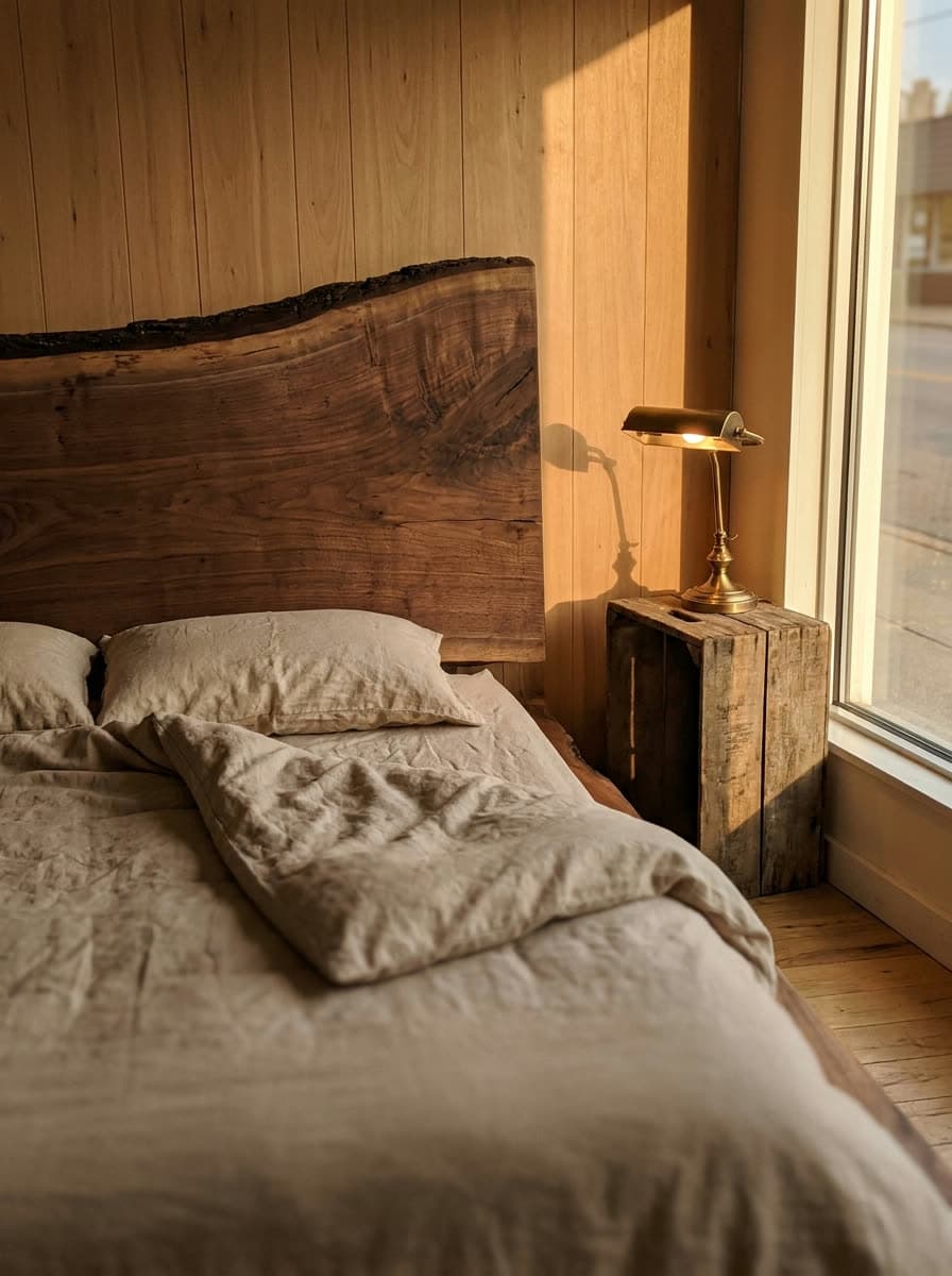 Example image: walnut bed with a headboard made from a solid slab, made up with light bedding, in front of a wooden wall