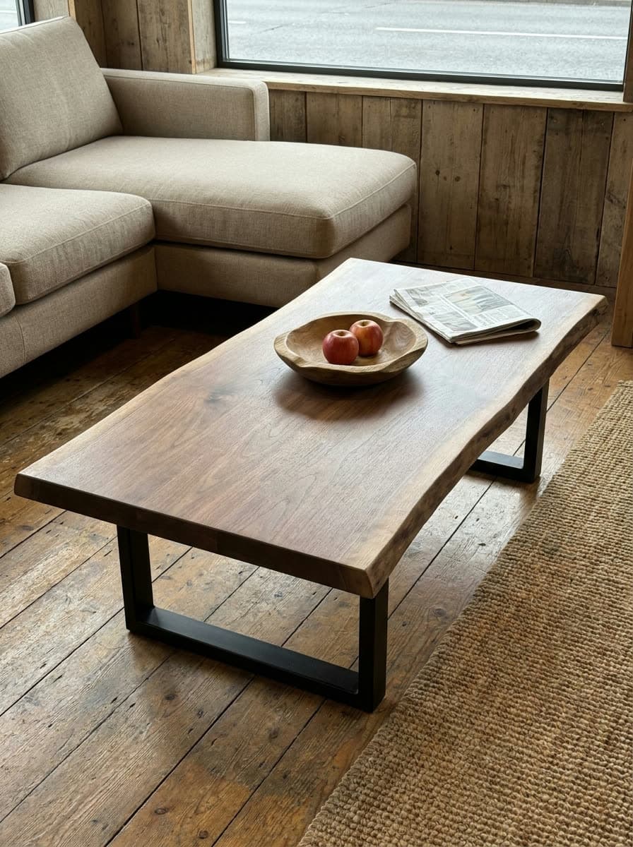 Example image: long low solid wood table with a natural live edge and angled wooden legs