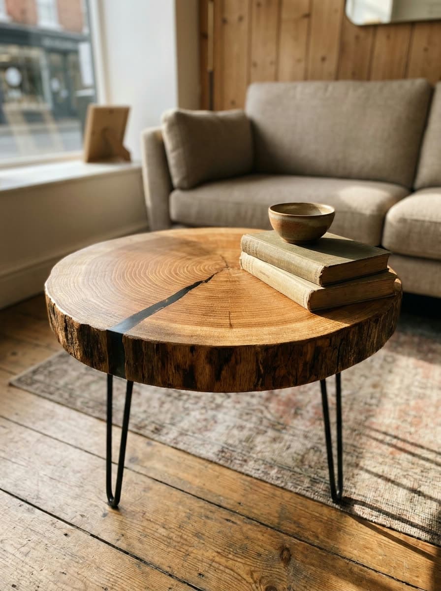 Example image: round coffee table cut from a tree slice with visible growth rings on black hairpin legs, on a patterned rug in front of a beige sofa