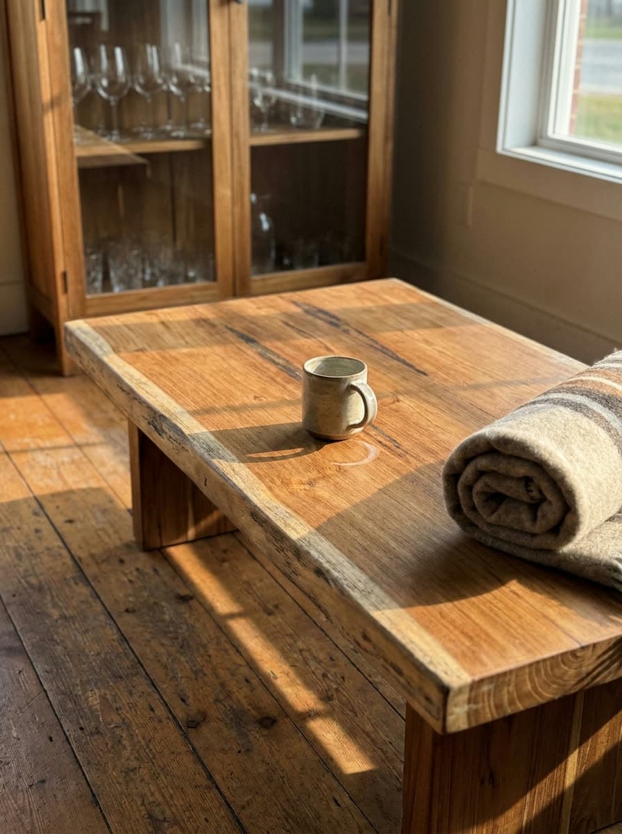 Example image: rectangular solid wood coffee table with a thick top and wide side panels, in front of a display cabinet with glassware