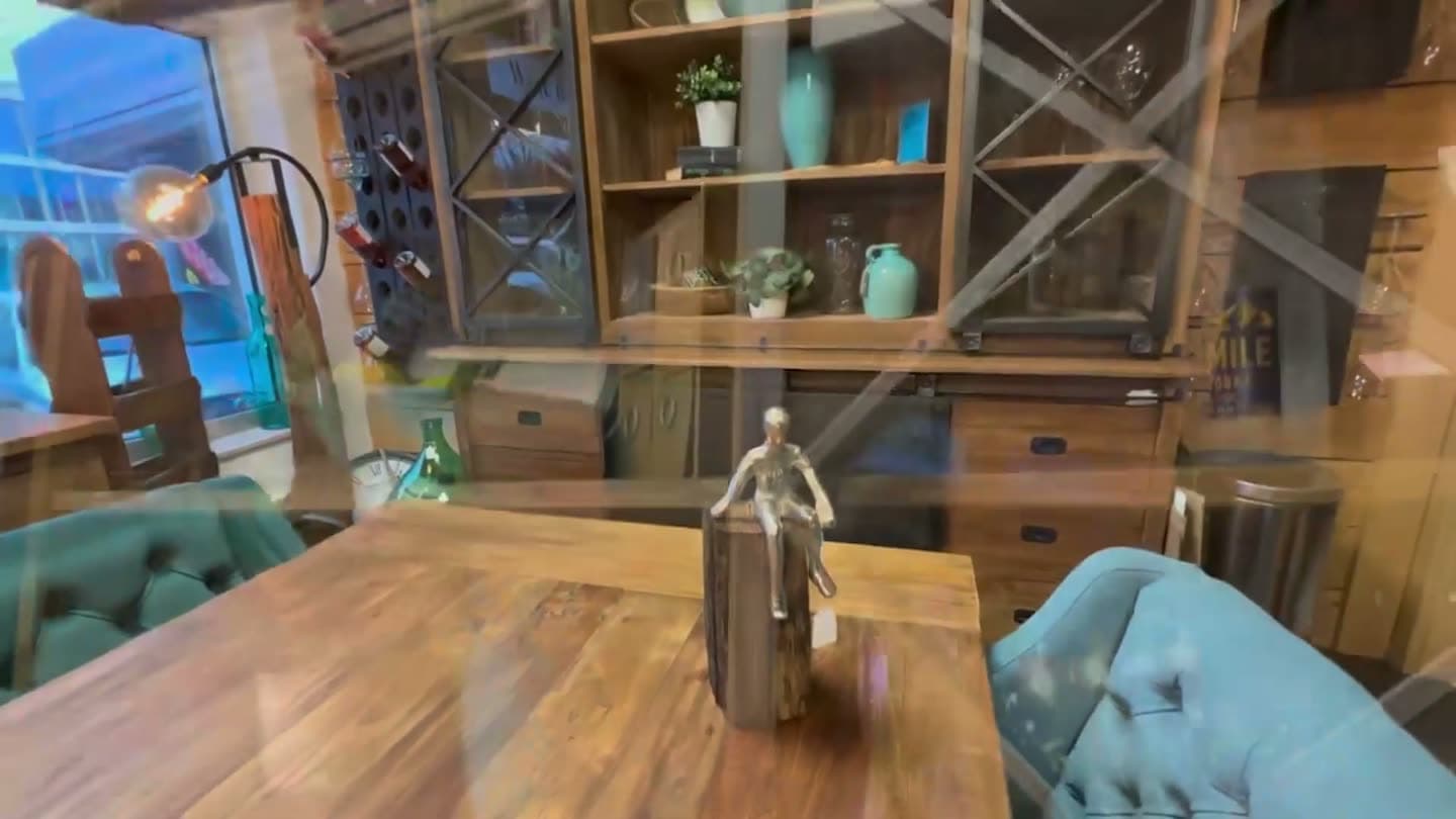 A walk through our showroom: solid wood tables, cabinets, lamps and wine shelves
